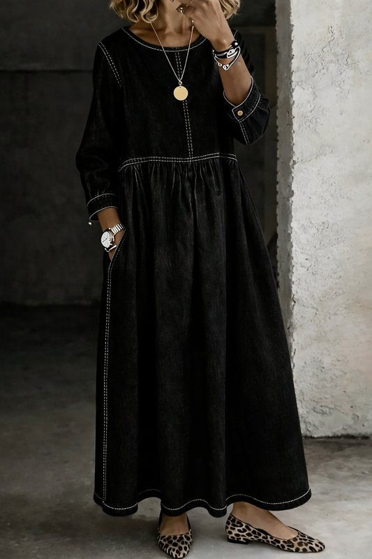 VESTIDO VAQUERO DE MANGA LARGA Y CUELLO REDONDO - LUNALIS