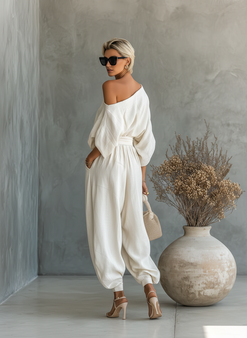 TOP SUAVE CON ESCOTE BARDOT Y PANTALONES AJUSTADOS - YEMEN