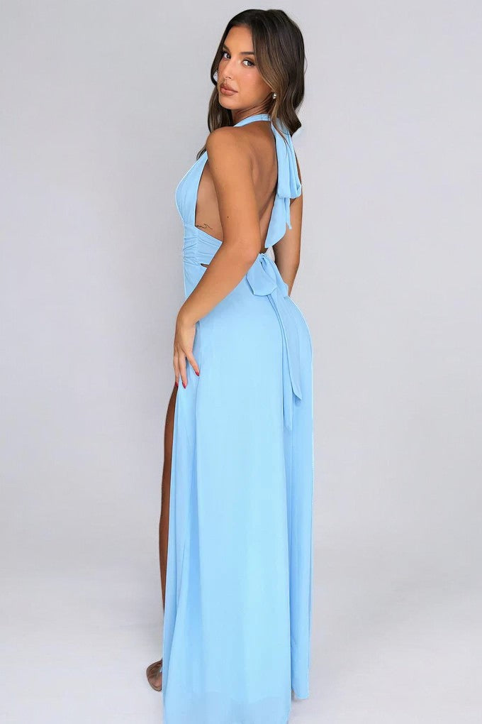 ELEGANTE VESTIDO LARGO CON ESCOTE HALTER Y ABERTURA ALTA - LILY