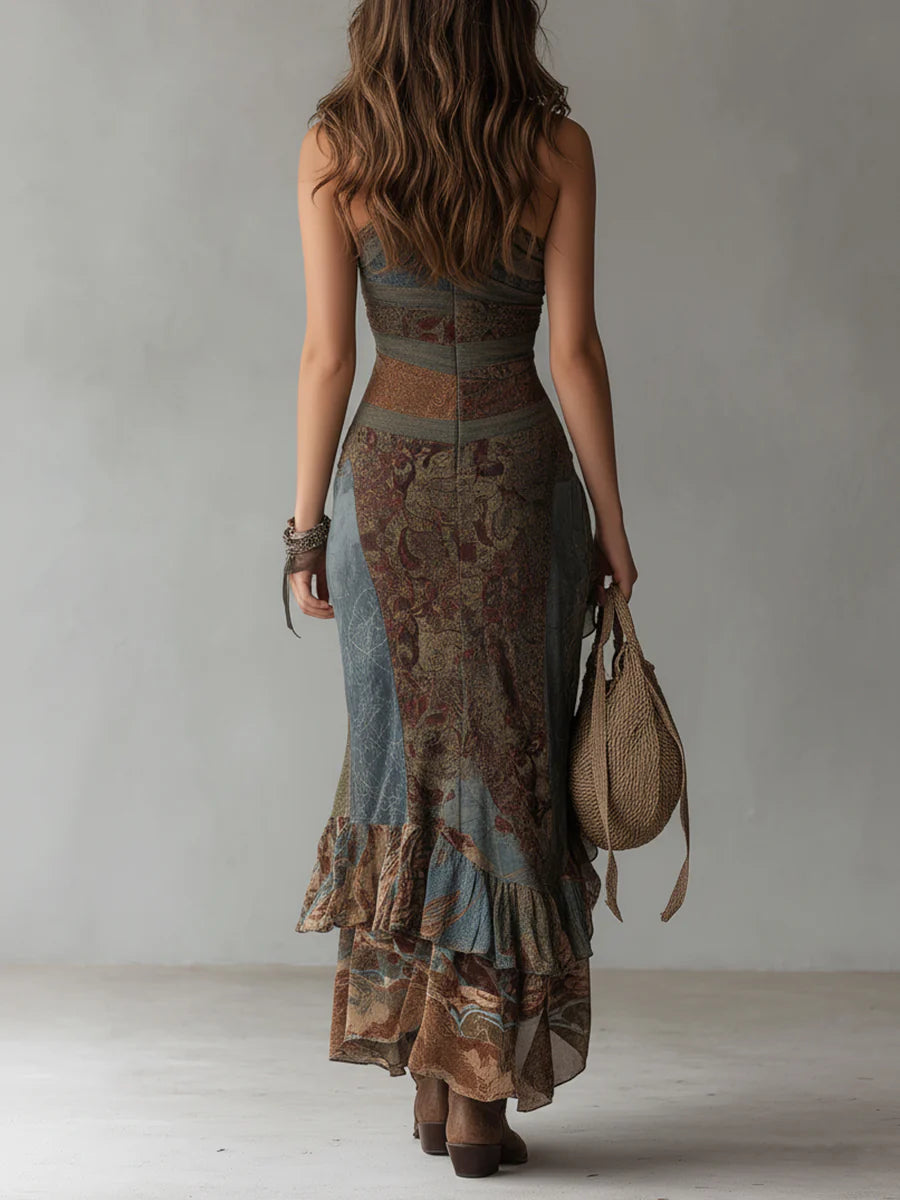 VESTIDO LARGO ASIMÉTRICO ESTAMPADO DE ESTILO ÉTNICO CON ABERTURA ALTA - ANTONIA