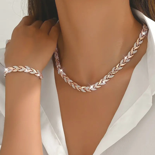 CONJUNTO DE COLLAR Y PULSERA DE LUJO CON DISEÑO DE HOJAS - ZAIDA