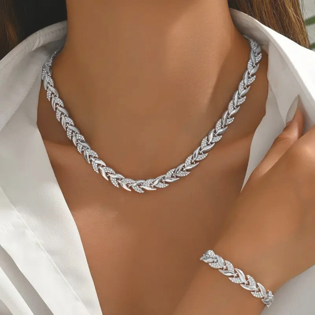 CONJUNTO DE COLLAR Y PULSERA DE LUJO CON DISEÑO DE HOJAS - ZAIDA