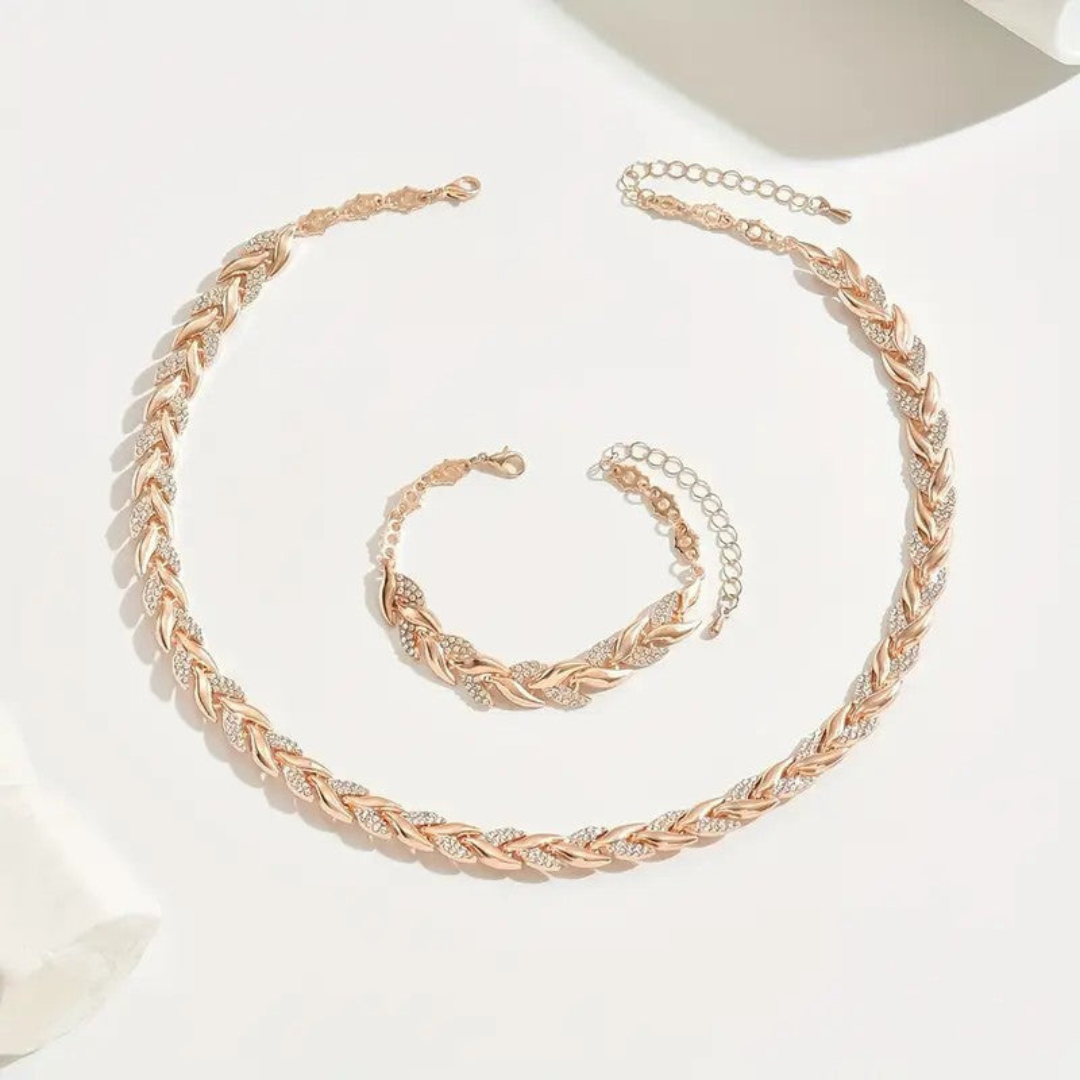 CONJUNTO DE COLLAR Y PULSERA DE LUJO CON DISEÑO DE HOJAS - ZAIDA