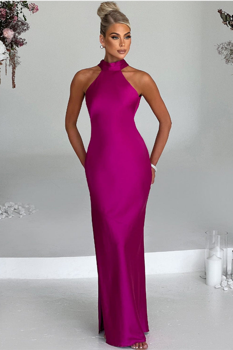 ELEGANTE VESTIDO LARGO DE SATÉN CON ESCOTE HALTER - PENISE