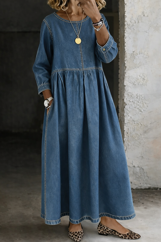 VESTIDO VAQUERO DE MANGA LARGA Y CUELLO REDONDO - LUNALIS