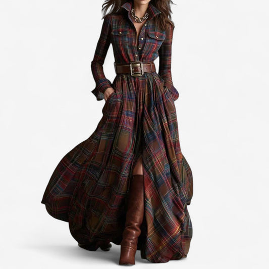 TISCAR | VESTIDO LARGO CON CUELLO ESTILO ÉTNICO