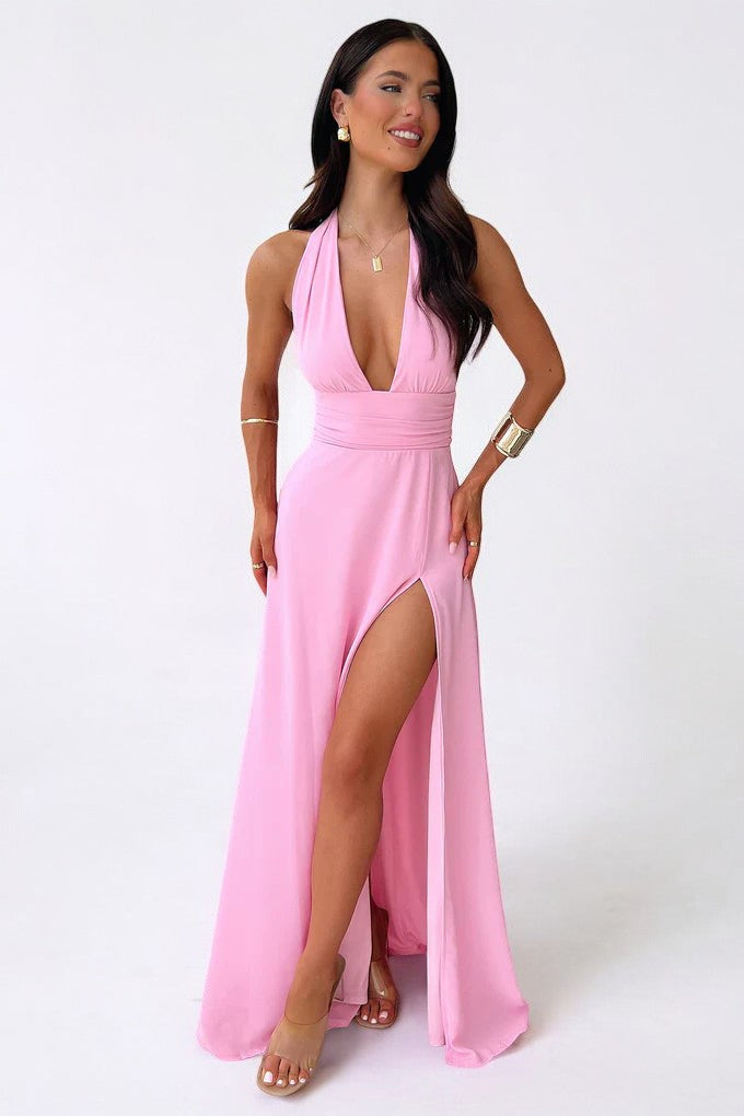 ELEGANTE VESTIDO LARGO CON ESCOTE HALTER Y ABERTURA ALTA - LILY