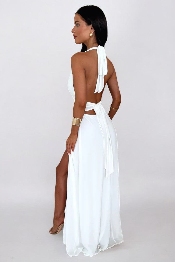 ELEGANTE VESTIDO LARGO CON ESCOTE HALTER Y ABERTURA ALTA - LILY