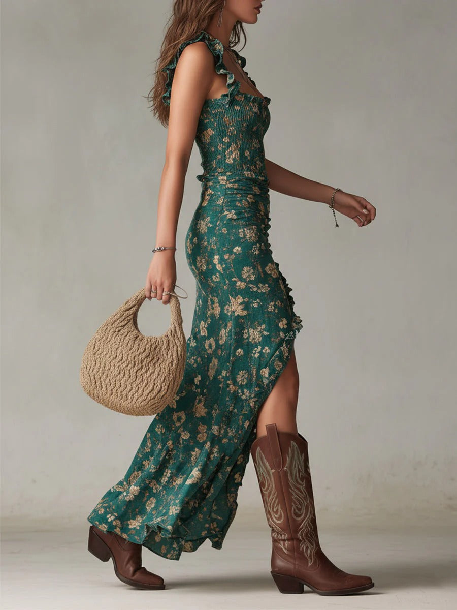 VESTIDO LARGO BOHEMIO CON ESTAMPADO FLORAL Y FRUNCIDO - DELENIS