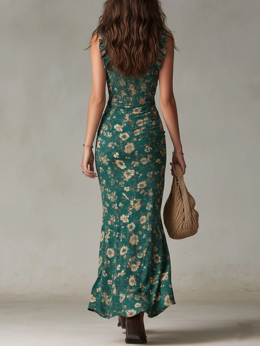 VESTIDO LARGO BOHEMIO CON ESTAMPADO FLORAL Y FRUNCIDO - DELENIS