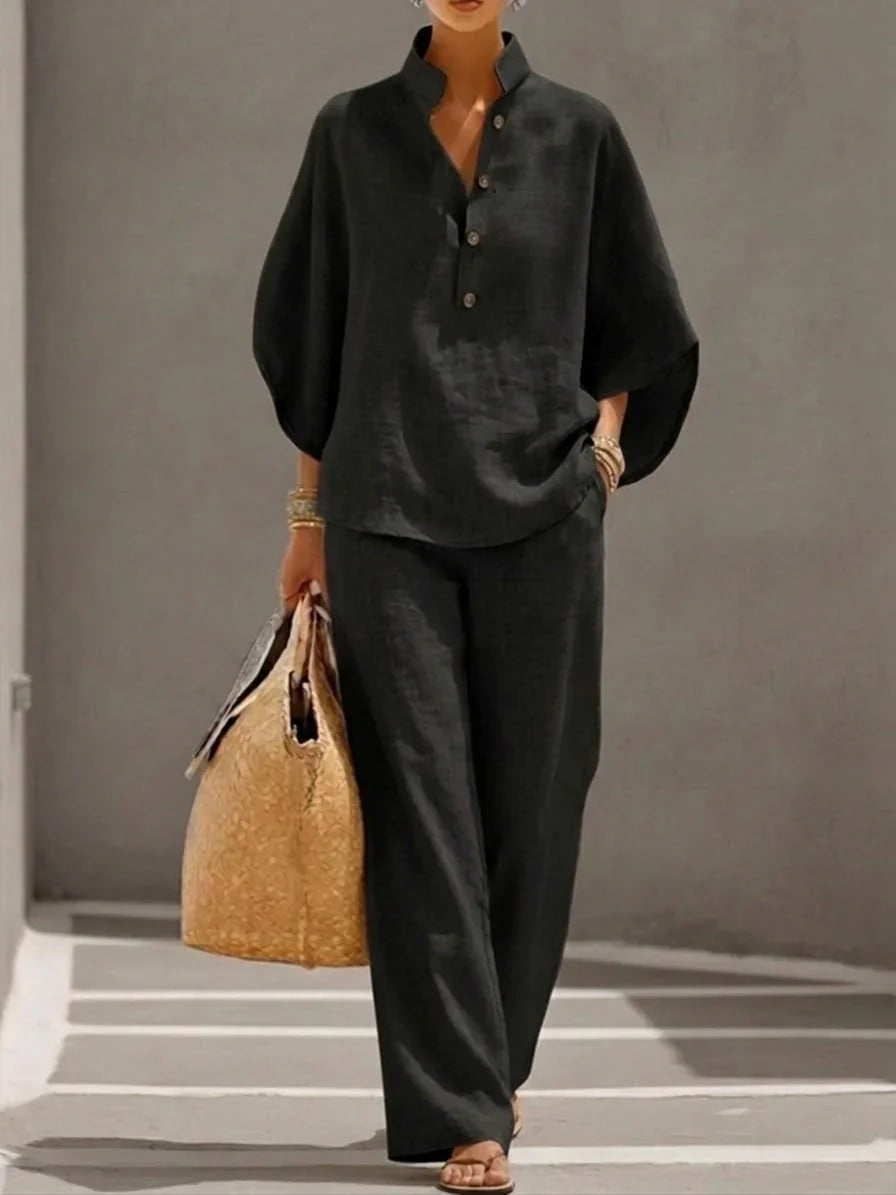 CONJUNTO DE LINO CON MANGAS MURCIÉLAGO Y PANTALÓN ANCHO - MARIBEL