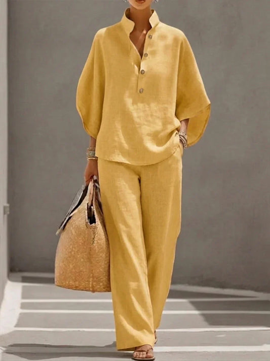 CONJUNTO DE LINO CON MANGAS MURCIÉLAGO Y PANTALÓN ANCHO - MARIBEL