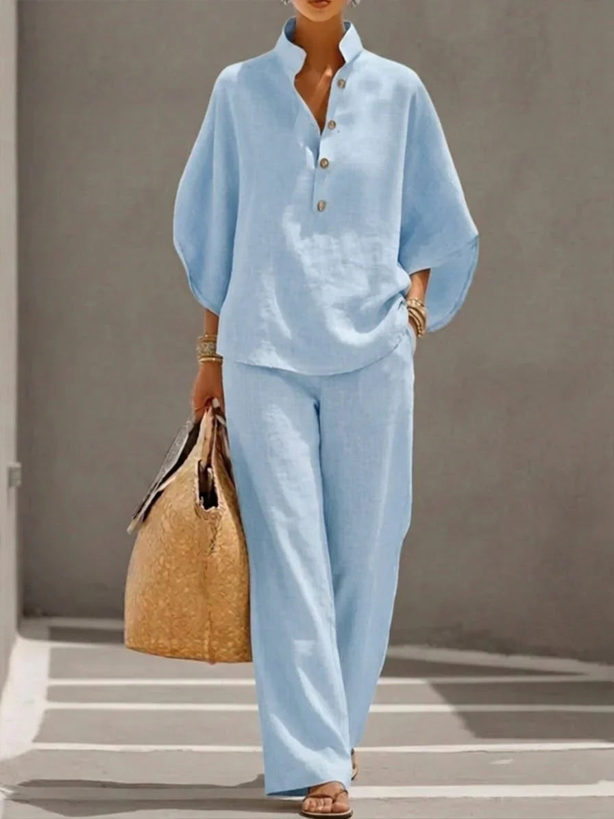 CONJUNTO DE LINO CON MANGAS MURCIÉLAGO Y PANTALÓN ANCHO - MARIBEL