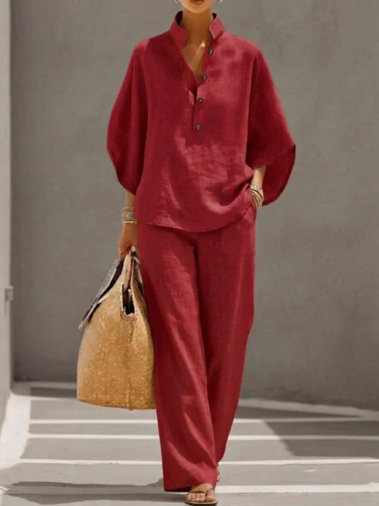 CONJUNTO DE LINO CON MANGAS MURCIÉLAGO Y PANTALÓN ANCHO - MARIBEL