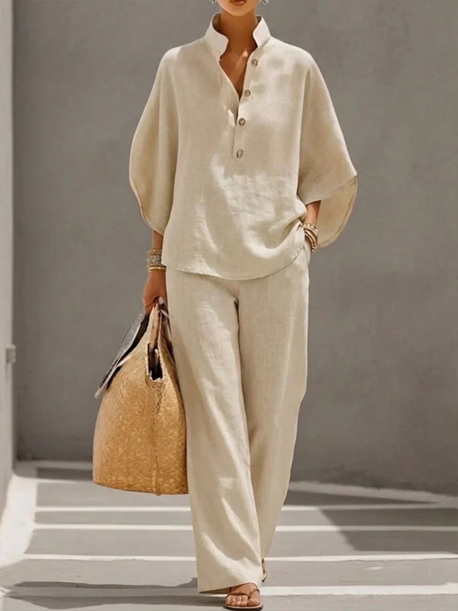CONJUNTO DE LINO CON MANGAS MURCIÉLAGO Y PANTALÓN ANCHO - MARIBEL