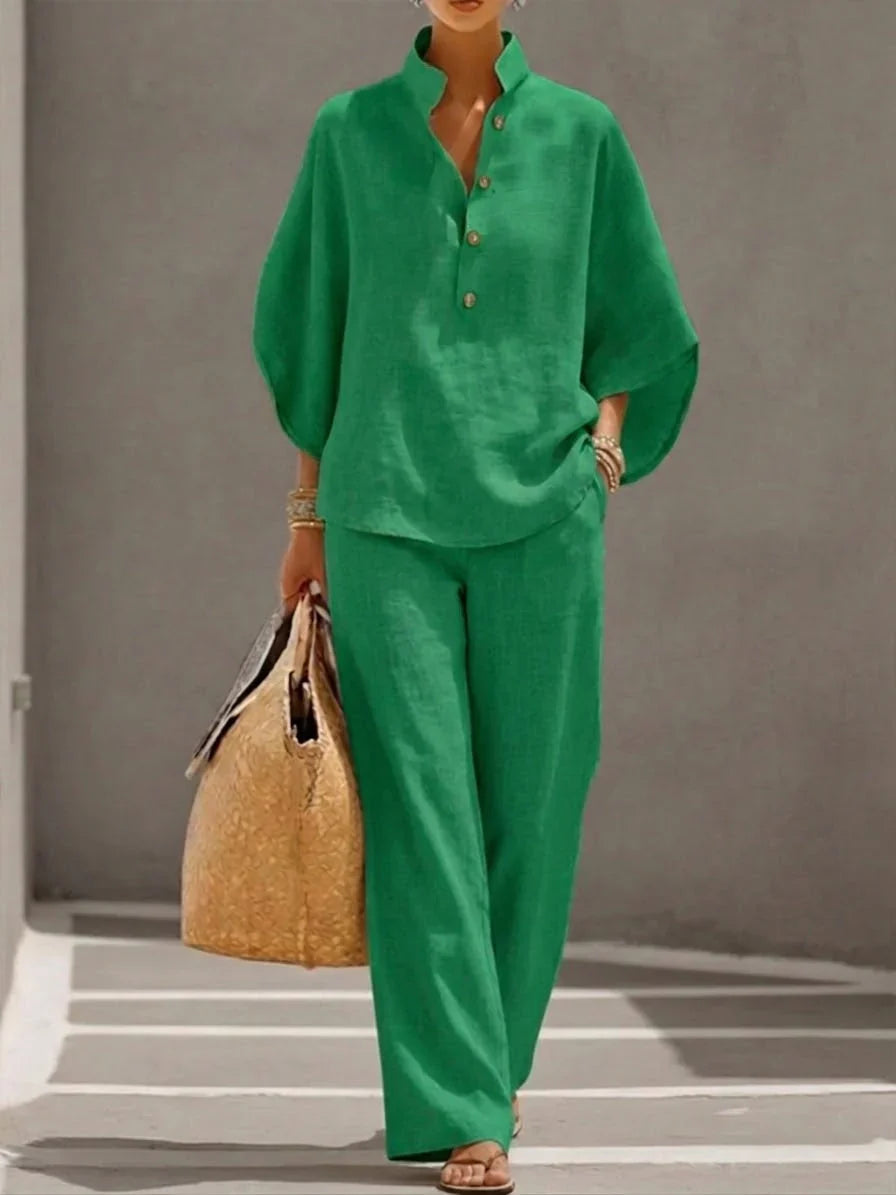 CONJUNTO DE LINO CON MANGAS MURCIÉLAGO Y PANTALÓN ANCHO - MARIBEL